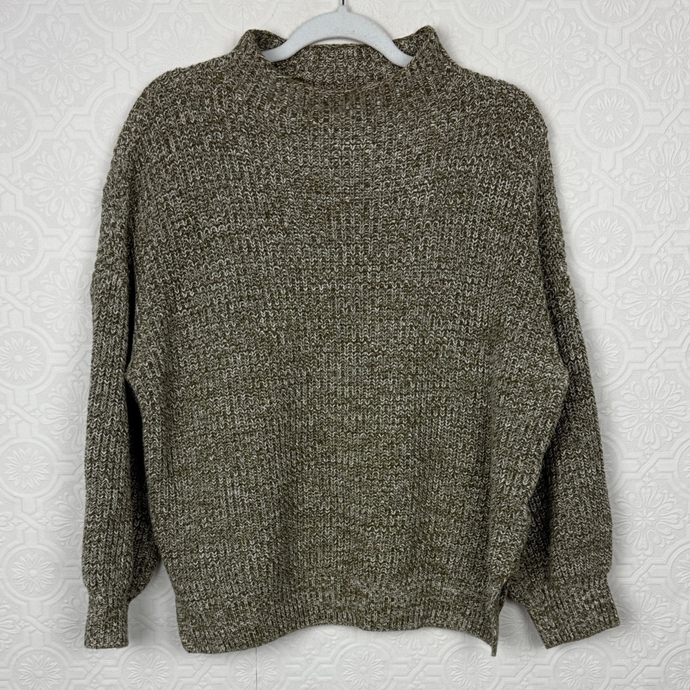 Cupcakes and Cashmere 100% Cotton Olive Marled Knit Sweater Balloon Sleeve Large